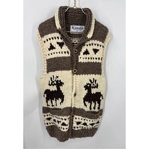 Kanata vintage Cowichan-style virgin wool knit vest w-deer/moose pattern OS